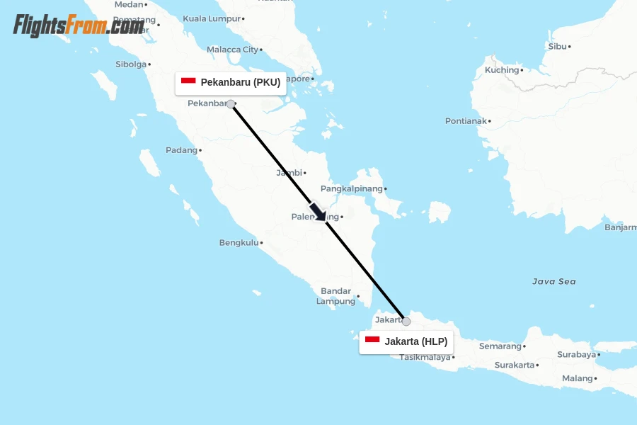 Flights from Pekanbaru to Jakarta route map