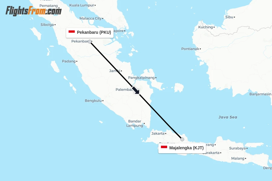 Flights from Pekanbaru to Majalengka route map