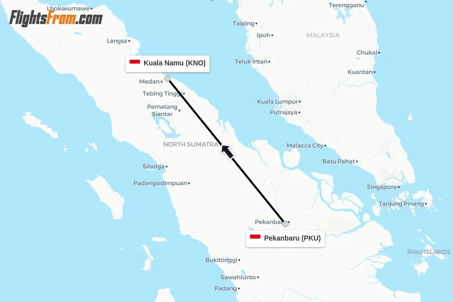 Flights from Pekanbaru to Kuala Namu route map