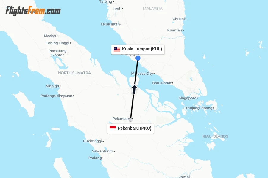 Flights from Pekanbaru to Kuala Lumpur route map