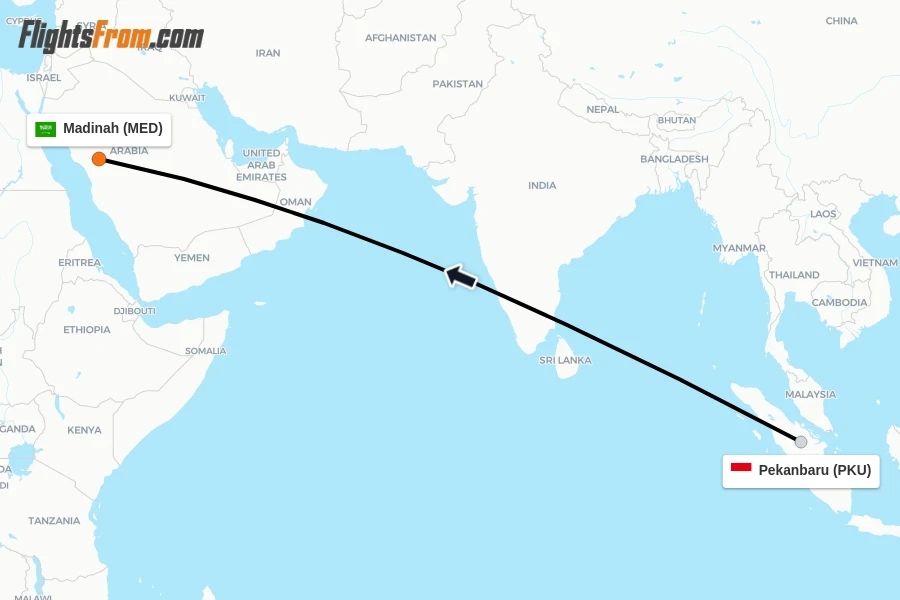Flights from Pekanbaru to Madinah route map