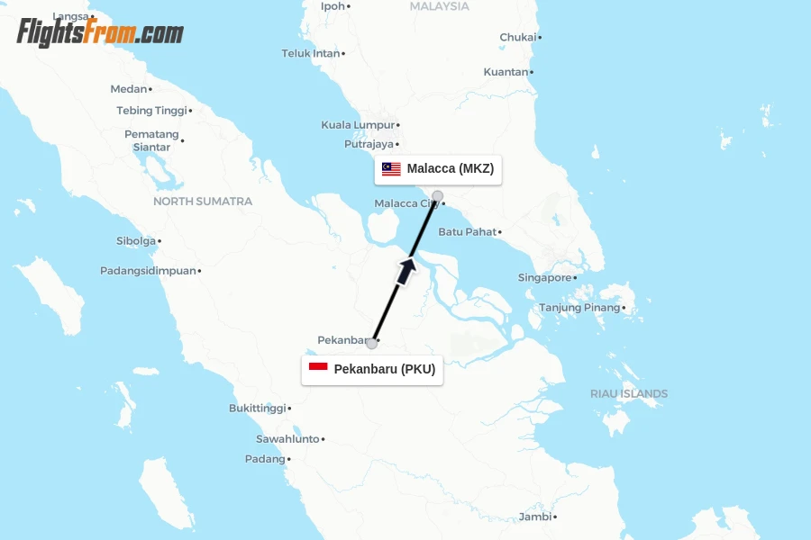 Flights from Pekanbaru to Malacca route map