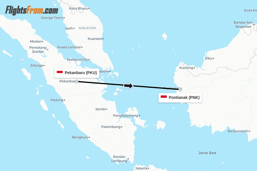 Flights from Pekanbaru to Pontianak route map