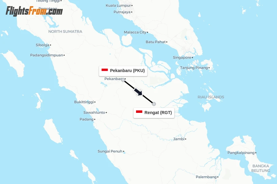 Flights from Pekanbaru to Rengat route map