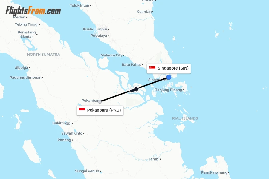 Flights from Pekanbaru to Singapore route map