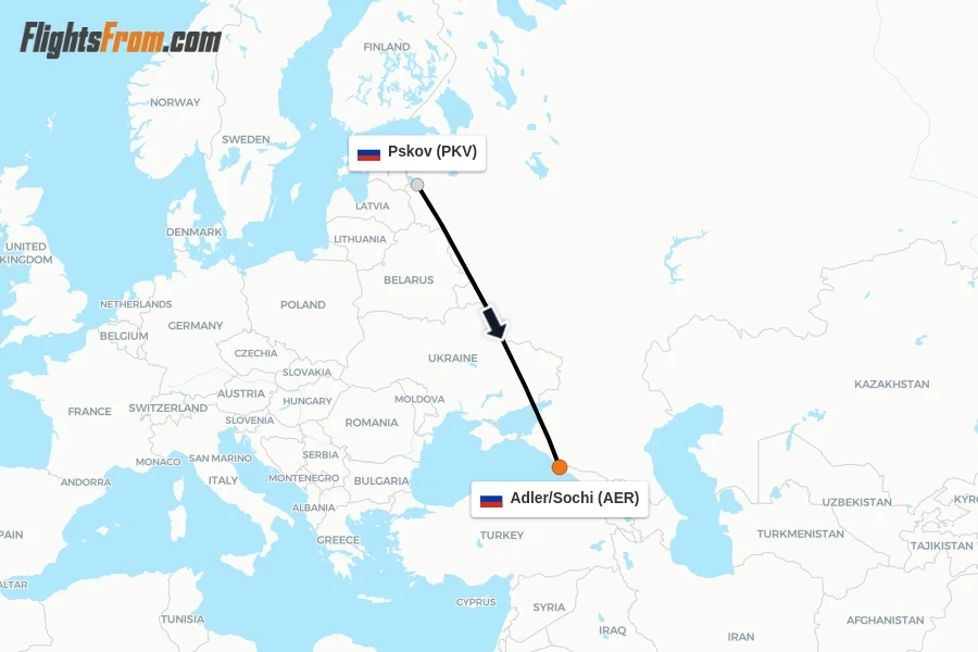 Flights from Pskov to Adler/Sochi route map