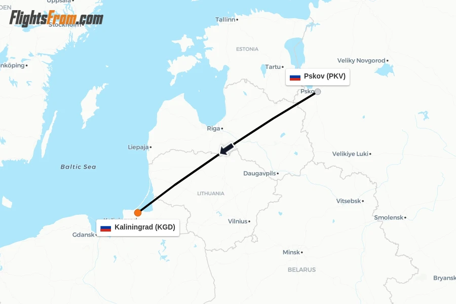 Flights from Pskov to Kaliningrad route map