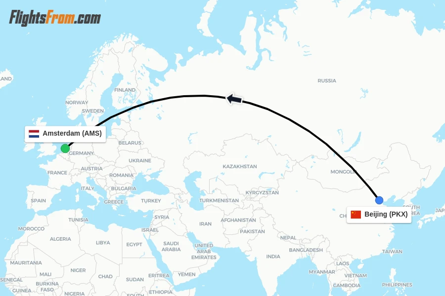 Flights from Beijing to Amsterdam route map