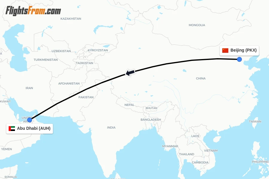 Flights from Beijing to Abu Dhabi route map