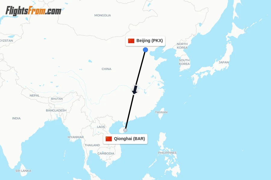 Flights from Beijing to Qionghai route map