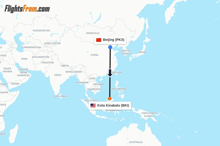 Flights from Beijing to Kota Kinabalu route map