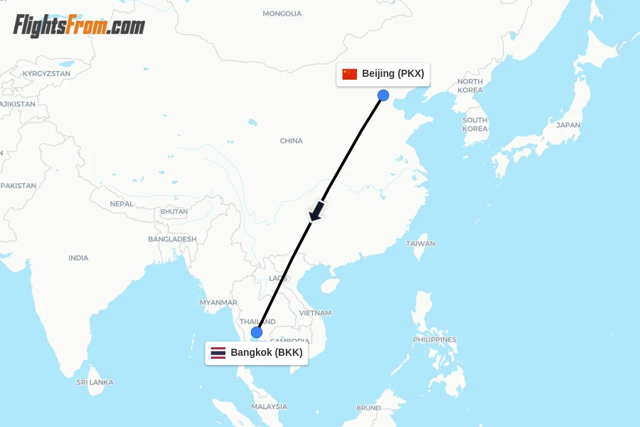 Flights from Beijing to Bangkok route map