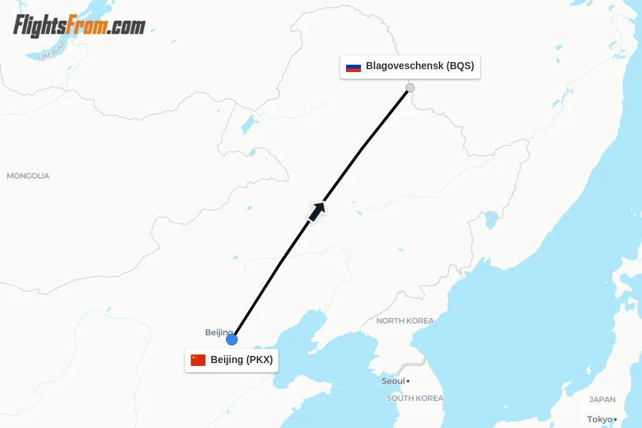 Flights from Beijing to Blagoveschensk route map
