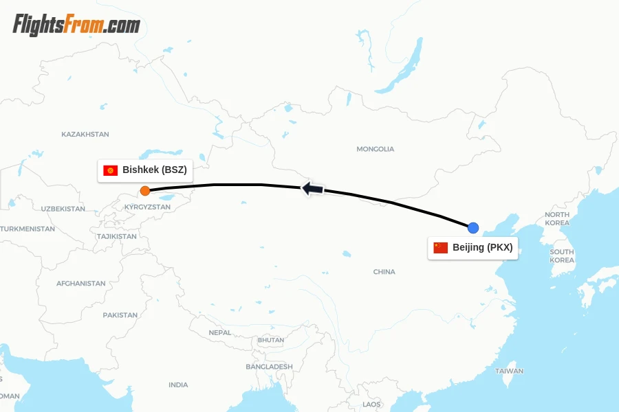 Flights from Beijing to Bishkek route map