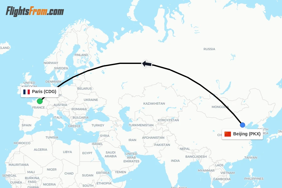 Flights from Beijing to Paris route map