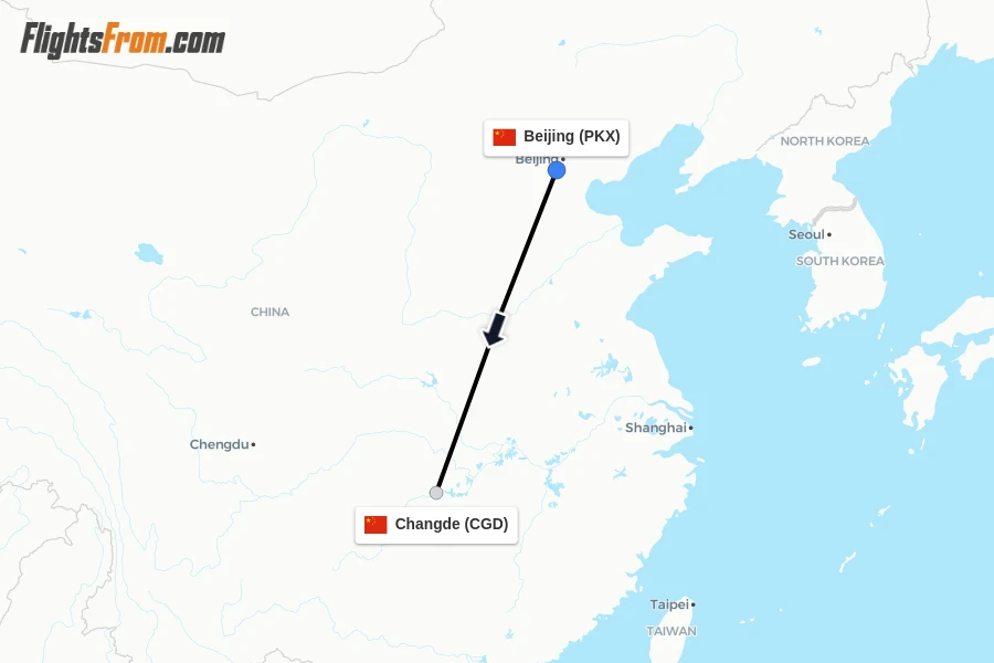 Flights from Beijing to Changde route map