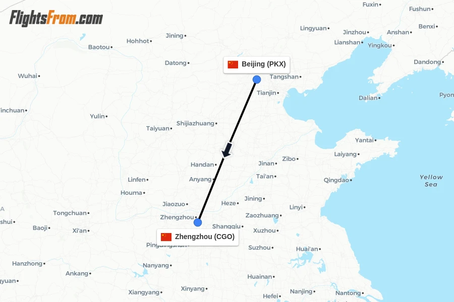 Flights from Beijing to Zhengzhou route map