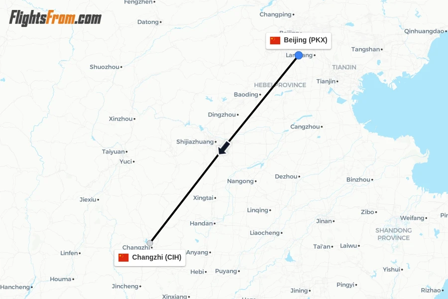 Flights from Beijing to Changzhi route map