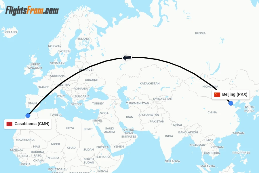 Flights from Beijing to Casablanca route map