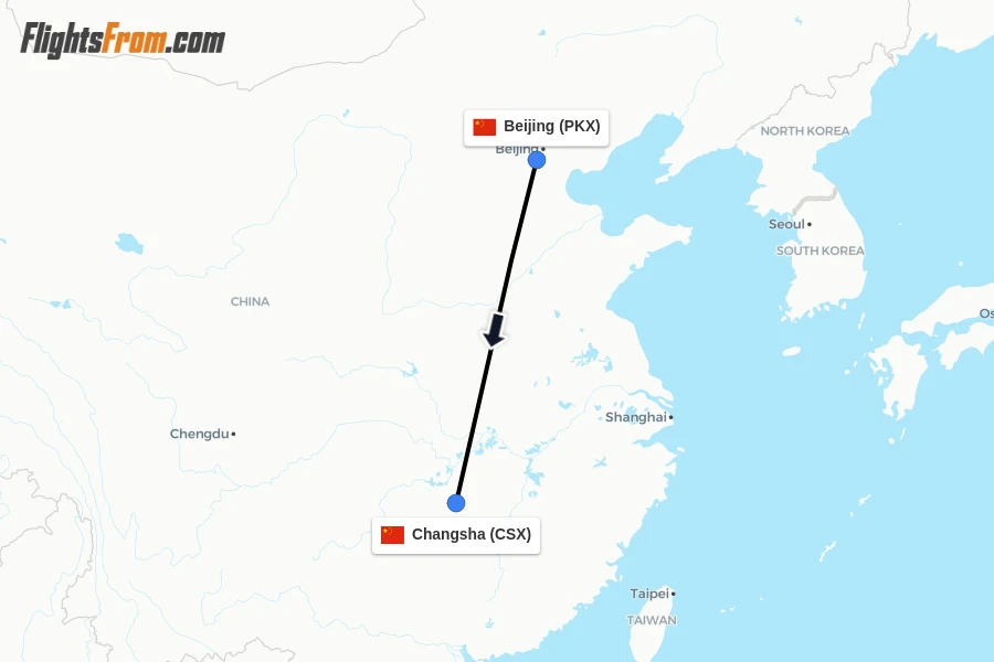 Flights from Beijing to Changsha route map
