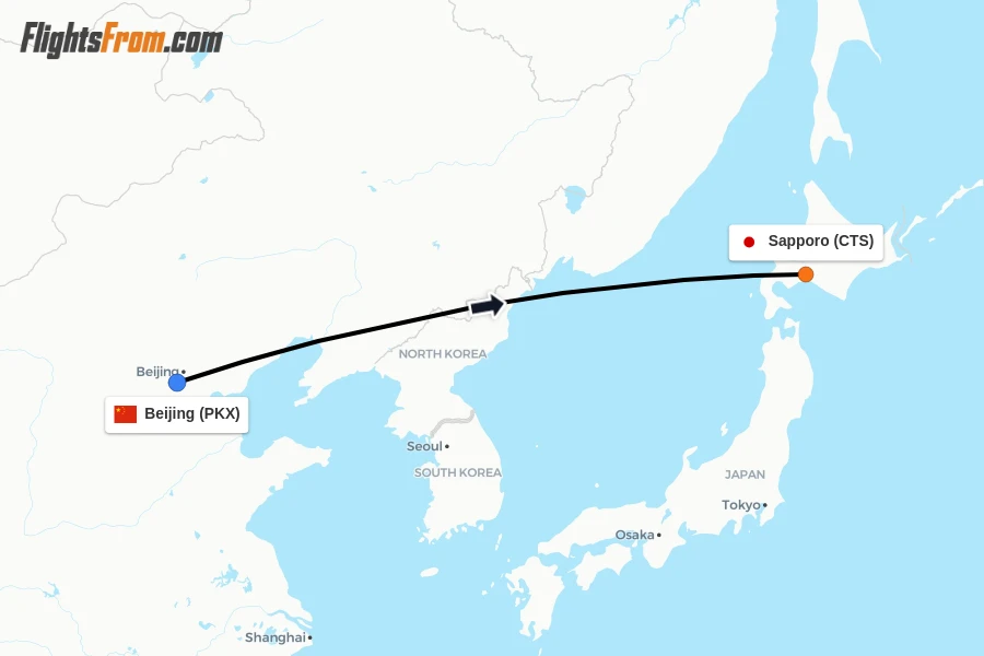 Flights from Beijing to Sapporo route map