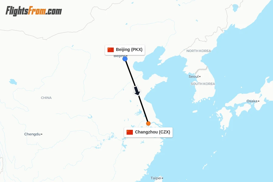 Flights from Beijing to Changzhou route map