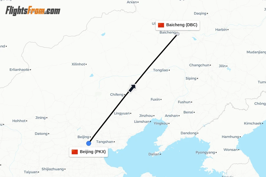 Flights from Beijing to Baicheng route map