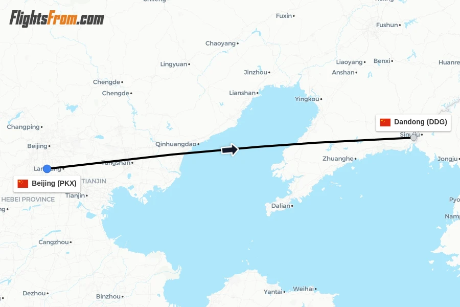 Flights from Beijing to Dandong route map
