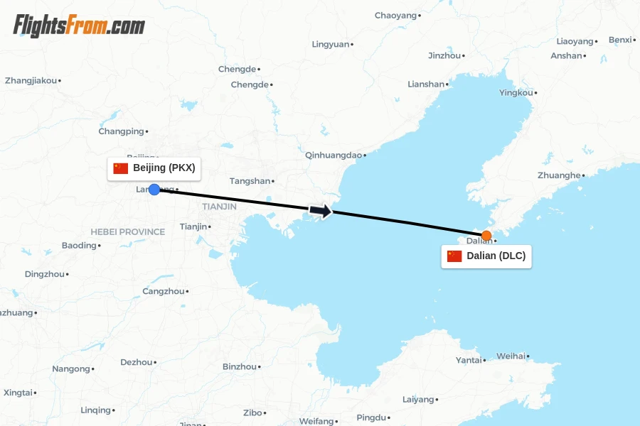 Flights from Beijing to Dalian route map