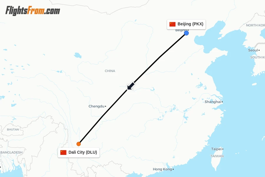 Flights from Beijing to Dali City route map