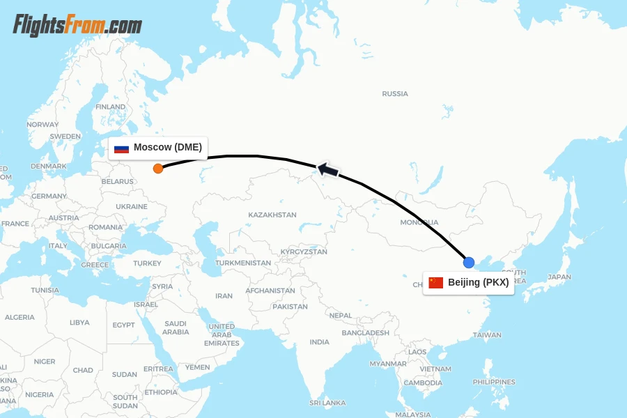 Flights from Beijing to Moscow route map