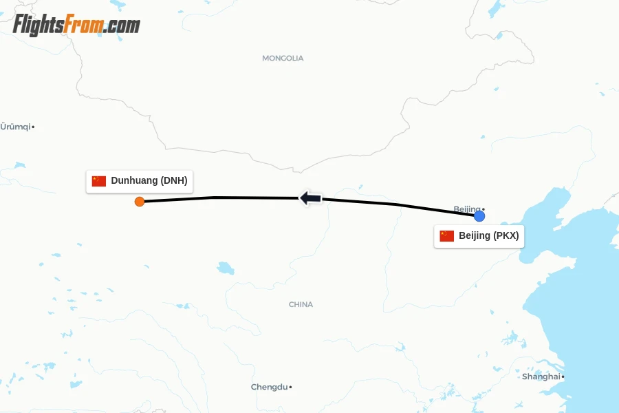 Flights from Beijing to Dunhuang route map