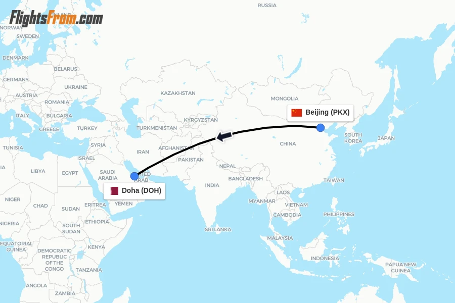 Flights from Beijing to Doha route map
