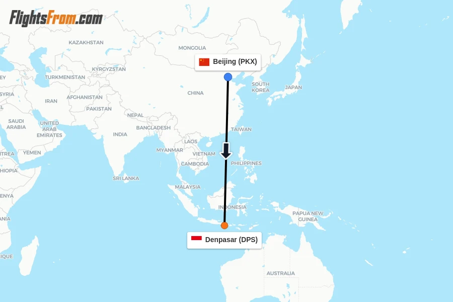 Flights from Beijing to Denpasar route map