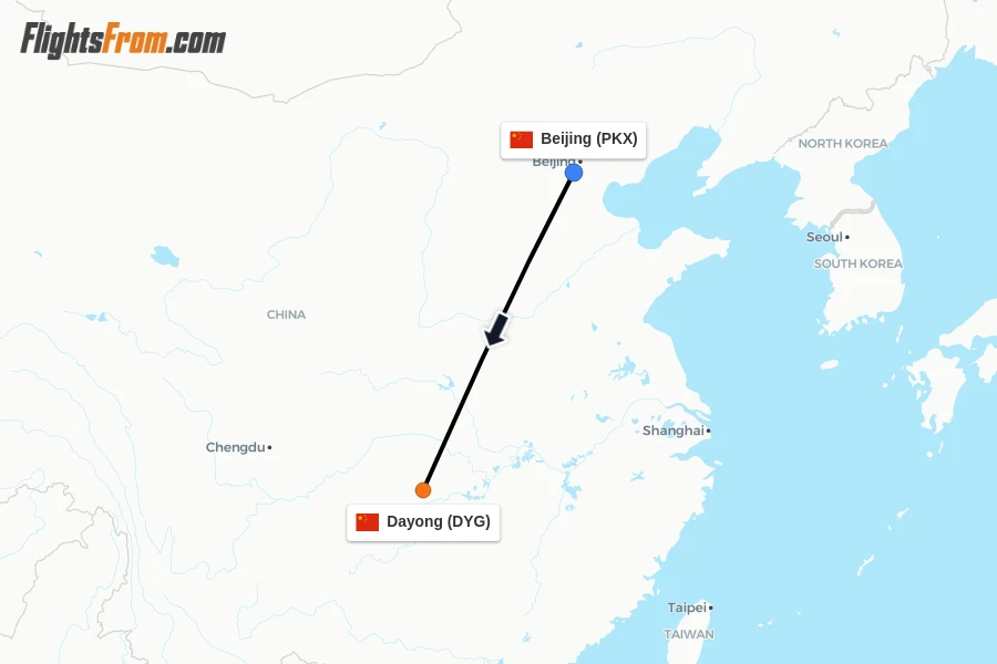 Flights from Beijing to Dayong route map