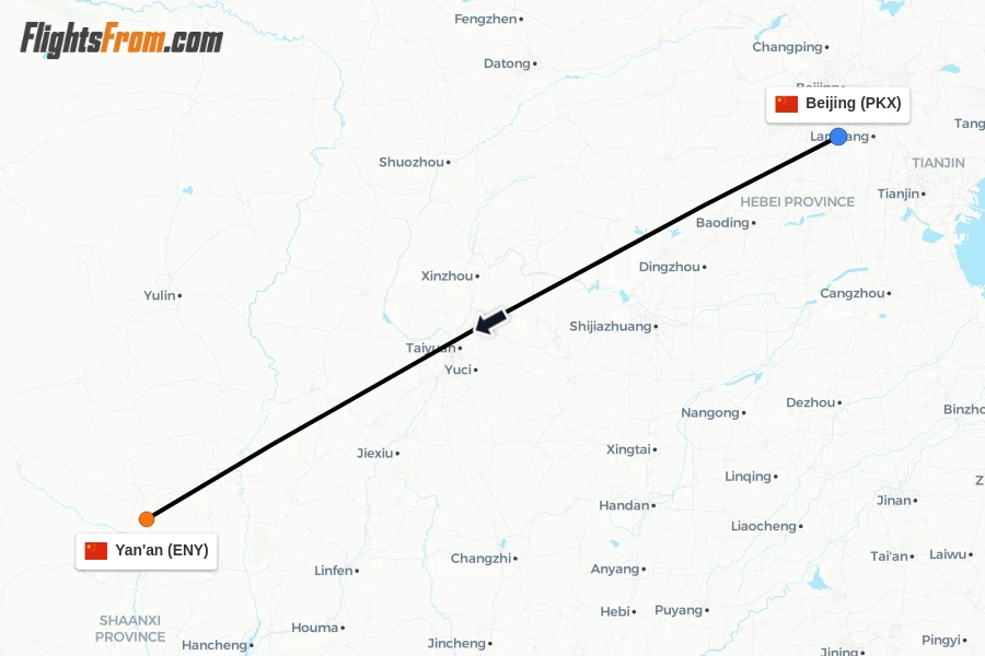 Flights from Beijing to Yan'an route map