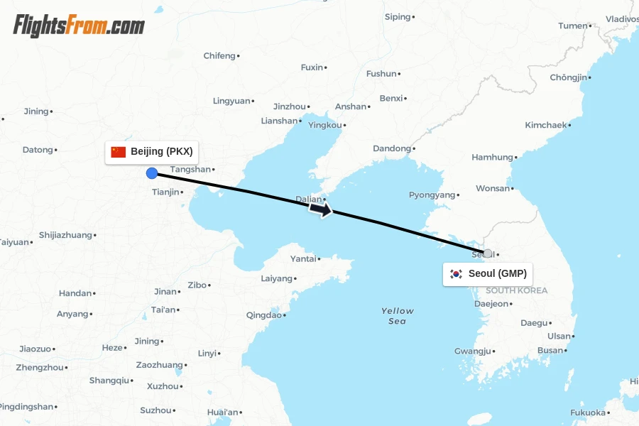 Flights from Beijing to Seoul route map