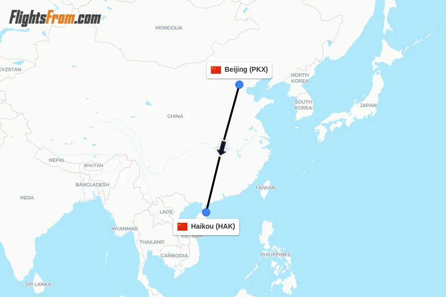 Flights from Beijing to Haikou route map