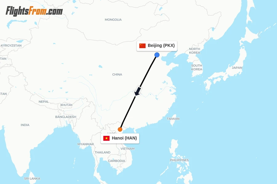 Flights from Beijing to Hanoi route map