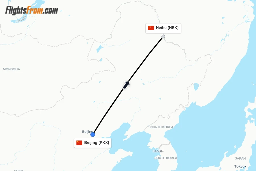 Flights from Beijing to Heihe route map