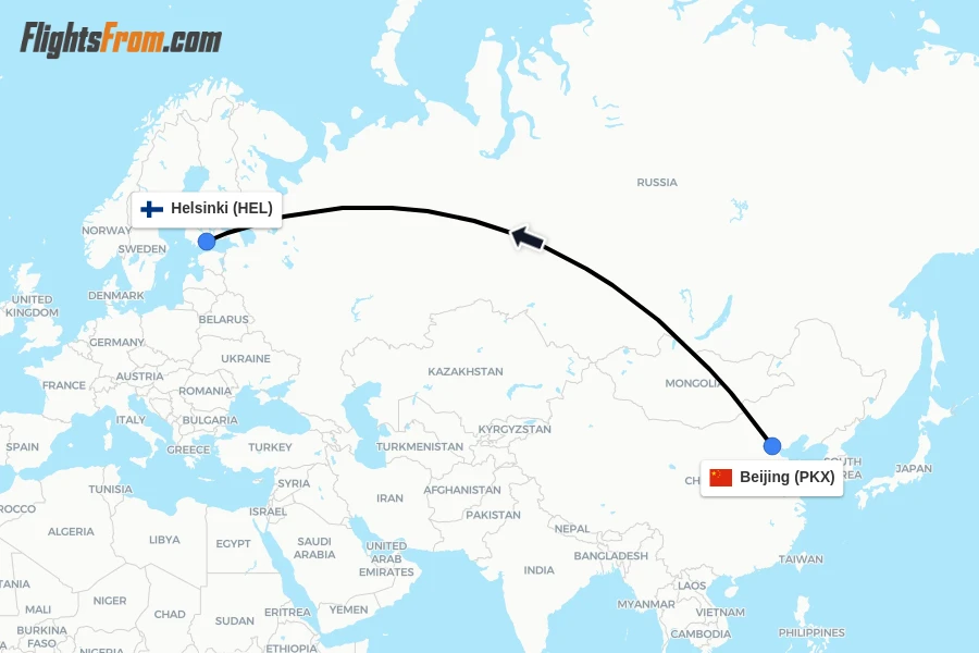 Flights from Beijing to Helsinki route map