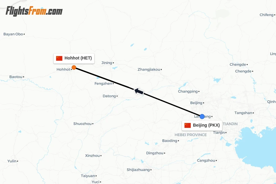 Flights from Beijing to Hohhot route map