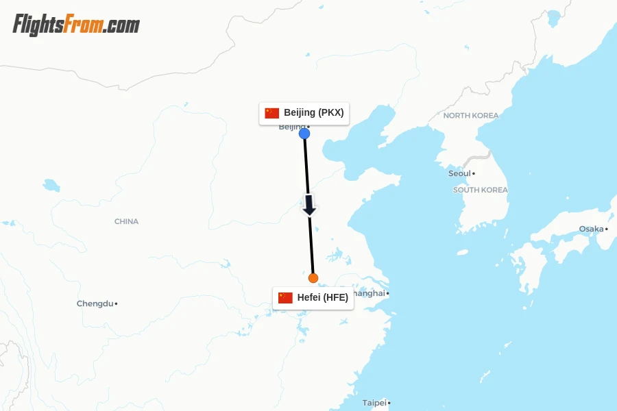 Flights from Beijing to Hefei route map