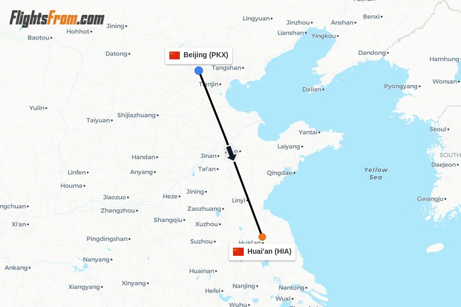 Flights from Beijing to Huai'an route map