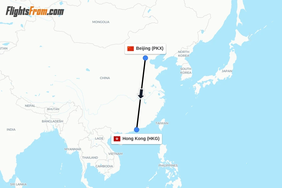 Flights from Beijing to Hong Kong route map