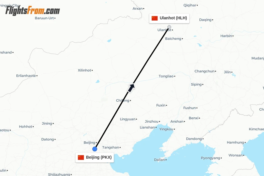 Flights from Beijing to Ulanhot route map