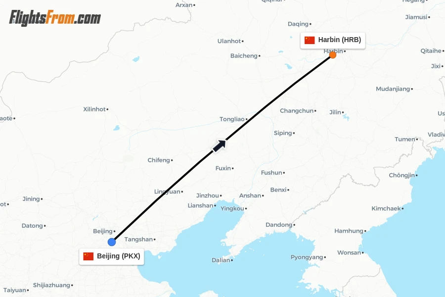 Flights from Beijing to Harbin route map