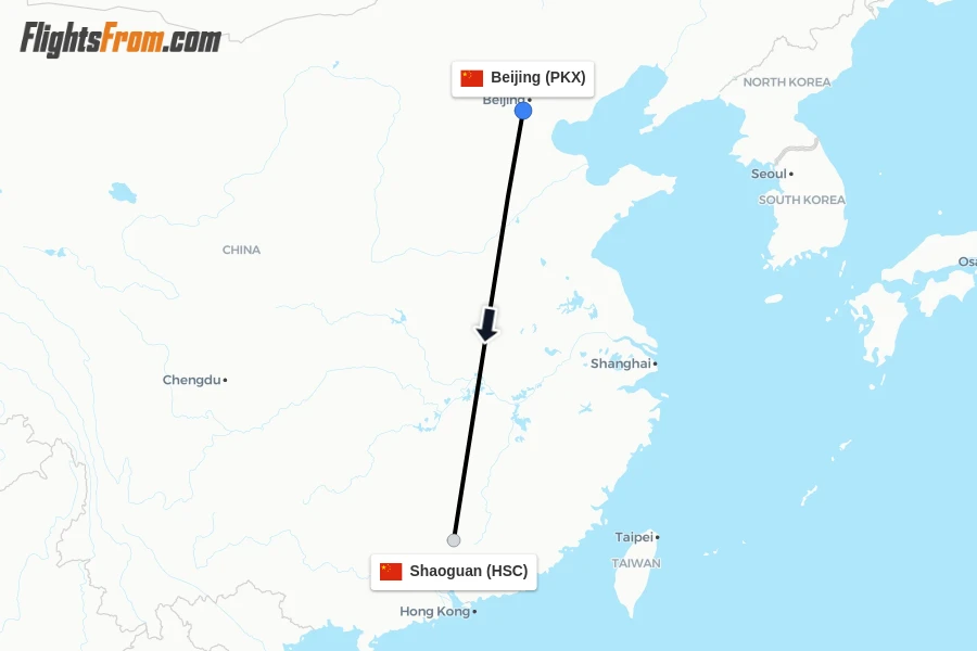 Flights from Beijing to Shaoguan route map