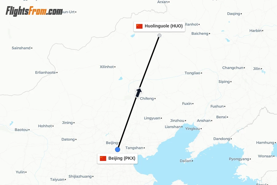 Flights from Beijing to Huolinguole route map