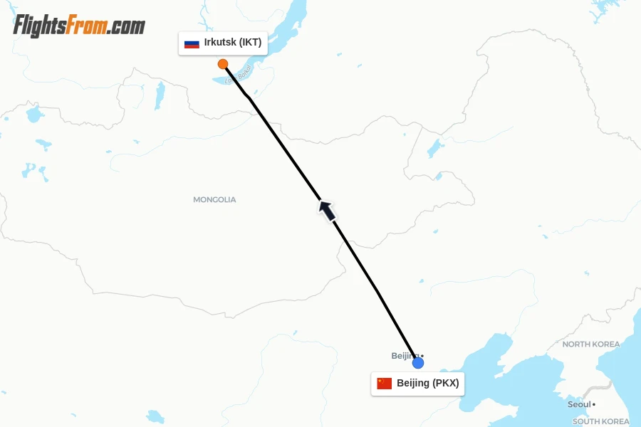 Flights from Beijing to Irkutsk route map